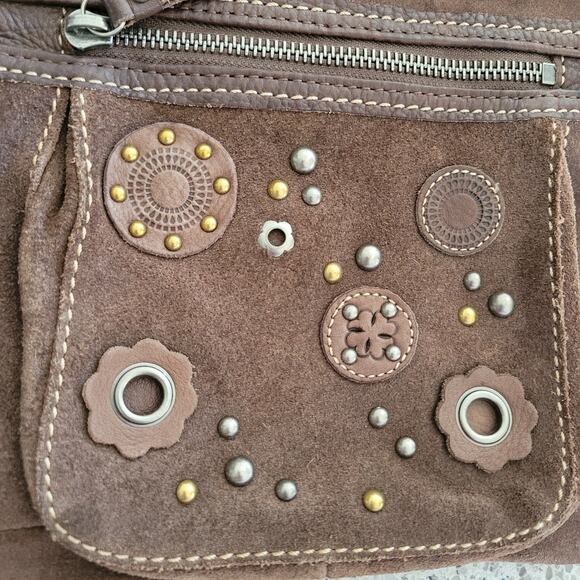Fossil Brown Leather Suede Crossbody Bag Floral Stud Grommet Applique Full Zip - Picture 6 of 15